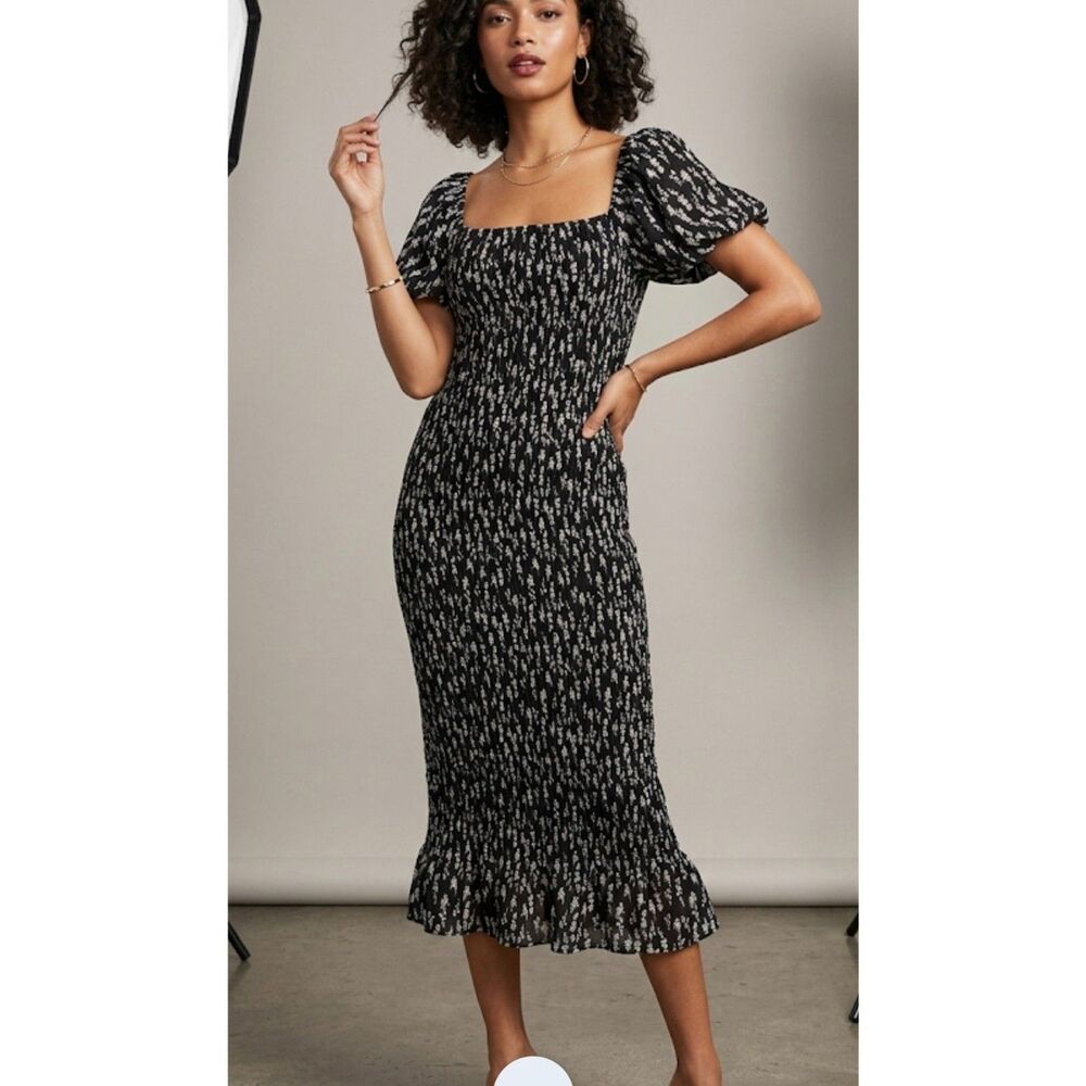 Trixxi Smocked Ditsy Floral Puff Sleeve Midi Black white Dress cottagecore M